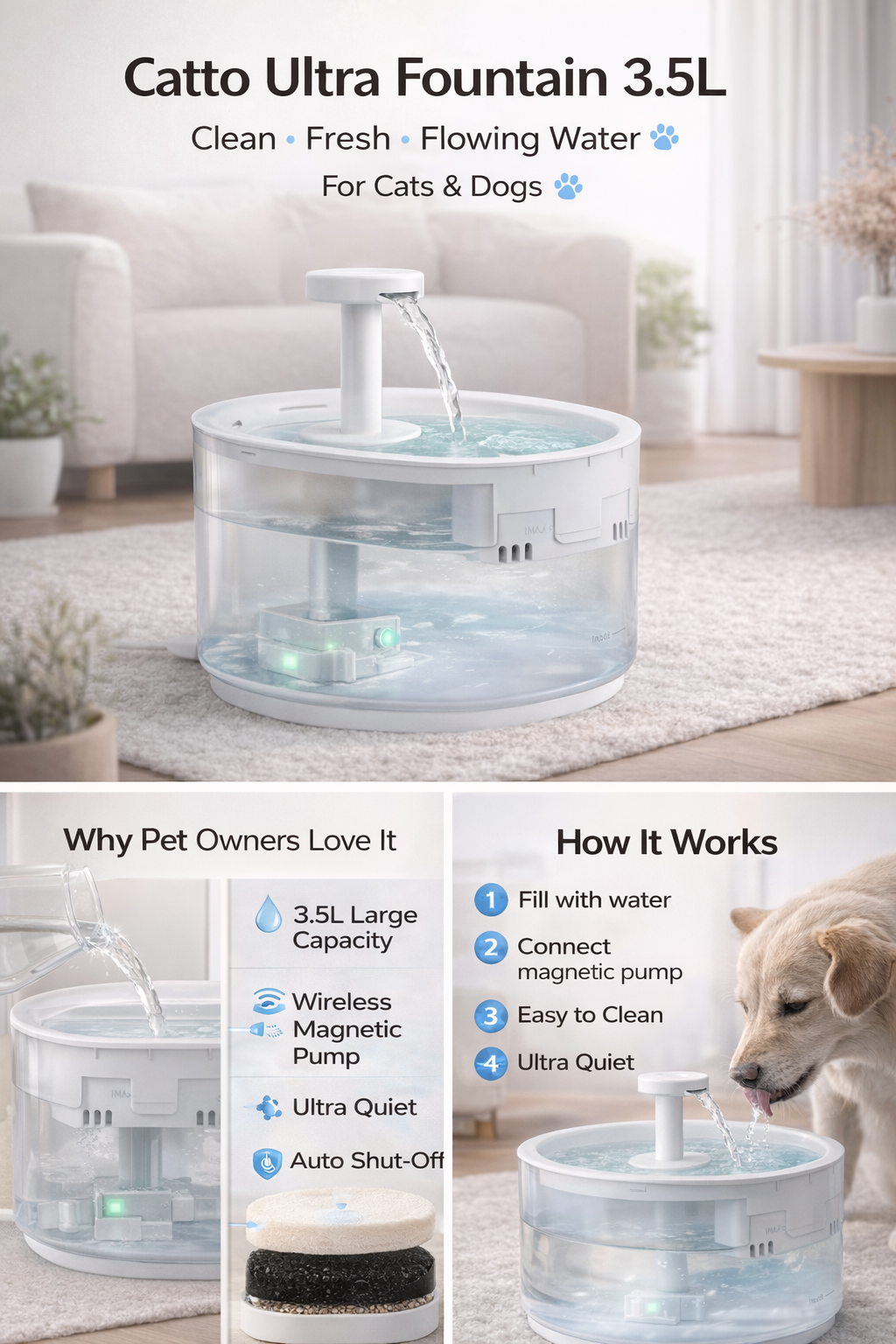 🐾 Catto Ultra Fountain 3.5L – Smart Hydration for Pets