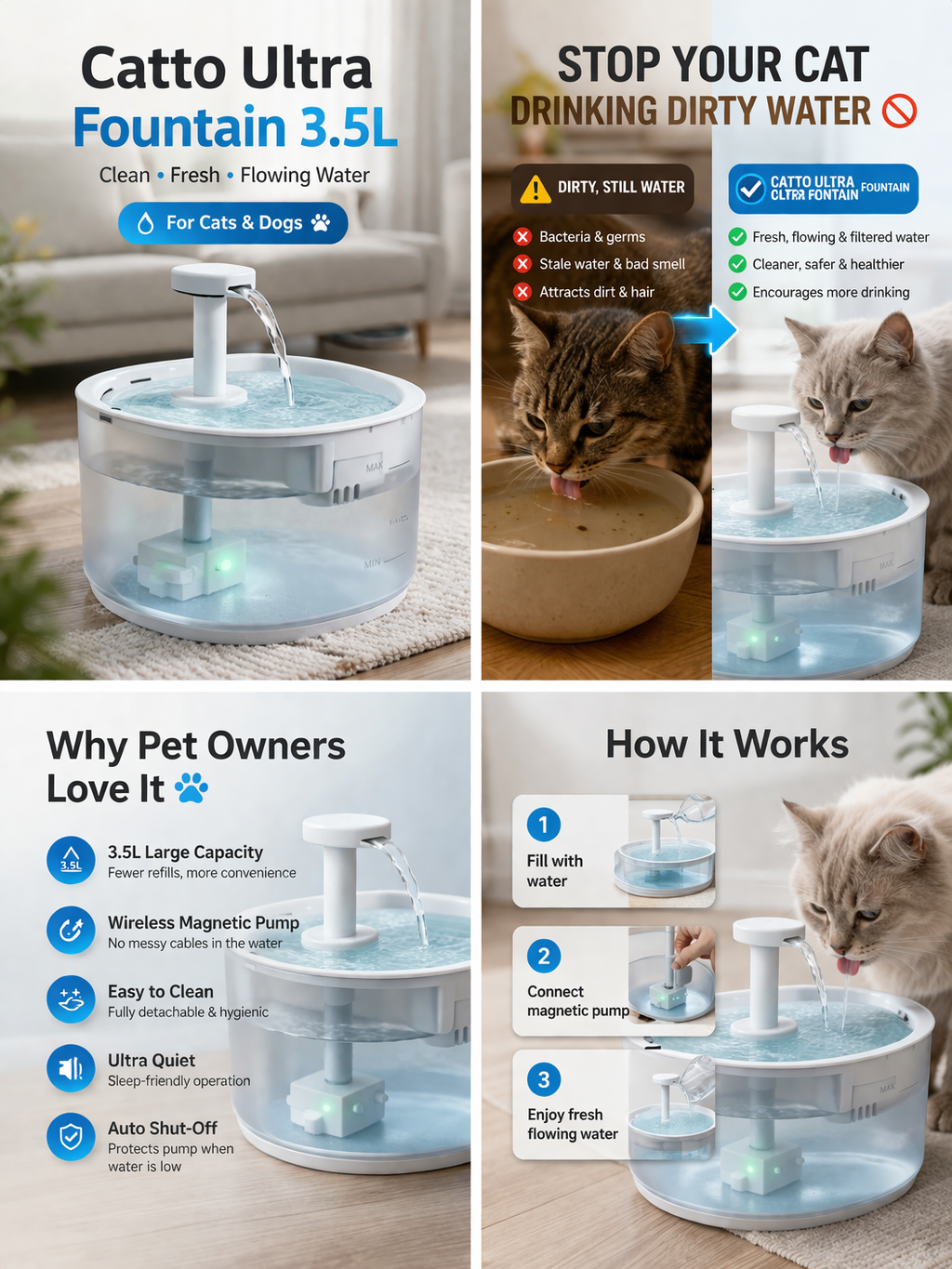 🐾 Catto Ultra Fountain 3.5L – Smart Hydration for Pets